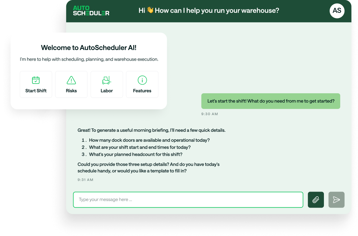 AutoScheduler Warehouse AI Agent chat helping plan the shift