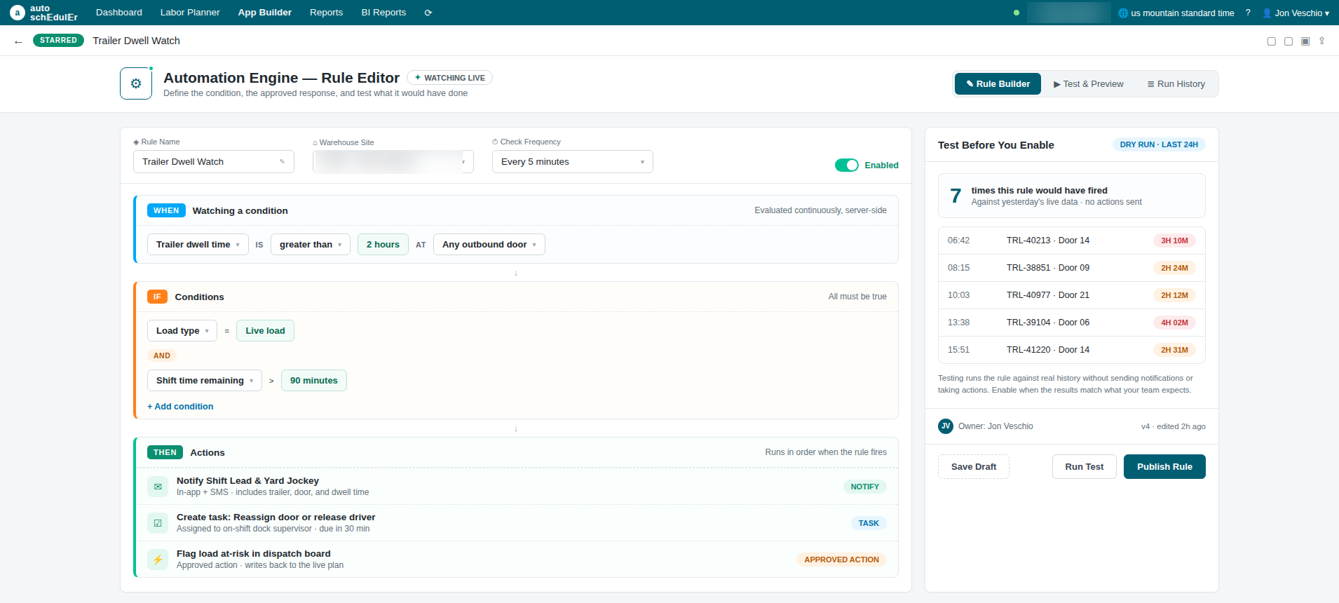 Automation Engine rule editor showing a trailer dwell rule with conditions, actions, and a dry-run test