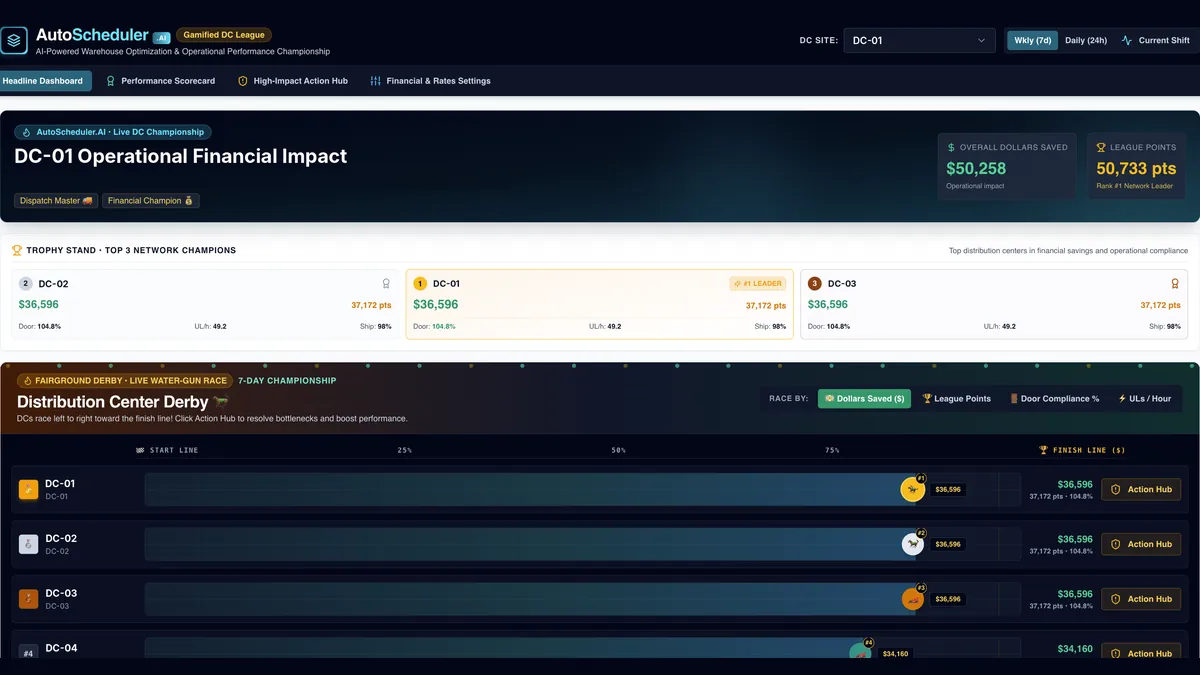 Custom gamification app built in AutoScheduler AI App Builder, ranking distribution centers on savings and compliance